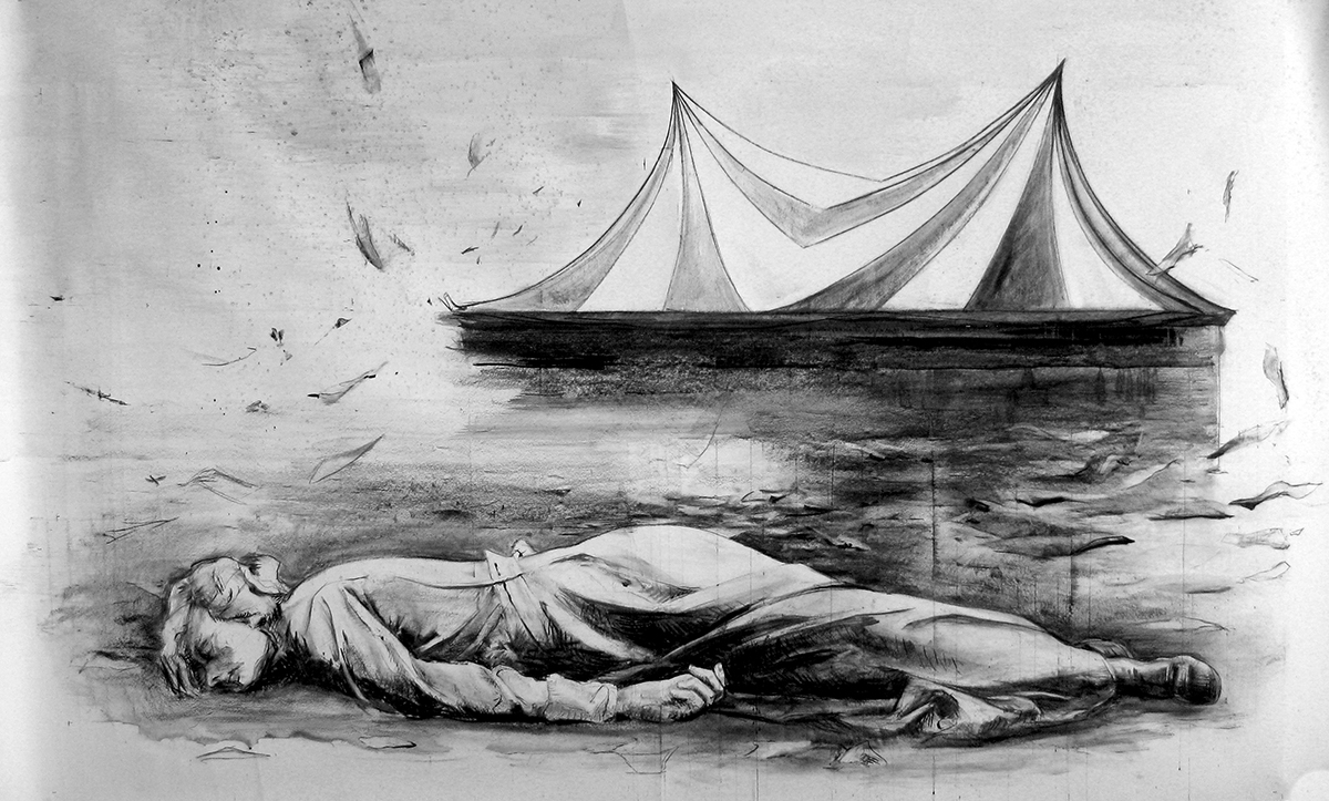 "Morte pour rien", charcoal on paper, 240x410cm